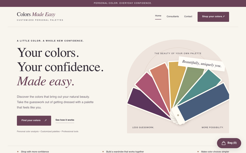 Colors Made Easy website with its color palette and product presentation